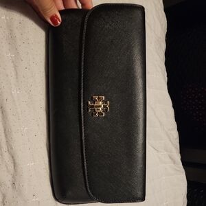 Tory Burch Black Leather Clutch with Gold Logo